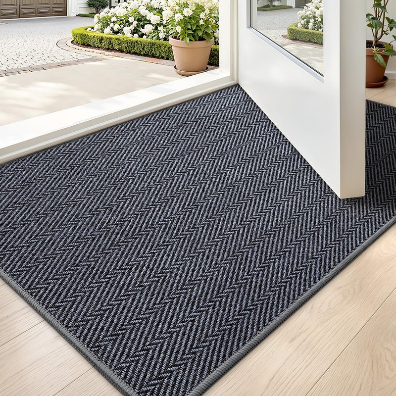 LUMI Ultra Thin Indoor Door Mat for Entrance 24"x36", Non Slip Entryway Mat, Low Profile Doormat, Unique Herringbone Design Carpet for Inside, Patio, Porch, Medium Gray - Image 1