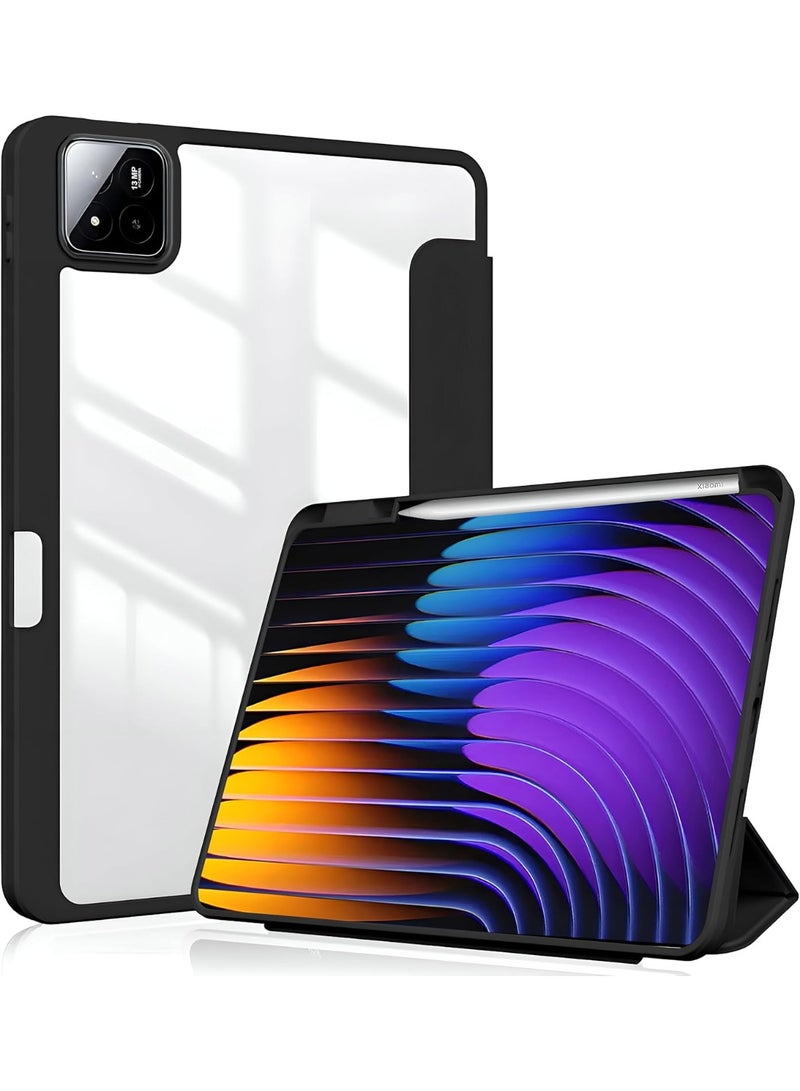 إيفو جراب متوافق مع جهاز Xiaomi Pad 7/7 Pro 11.2 بوصة (إصدار 2024)، غطاء ثلاثي الطي نحيف مقاوم للصدمات مع غطاء خلفي شفاف صلب وحامل قلم، غطاء ذكي بخاصية التشغيل/الإيقاف التلقائي، أسود - Image 1