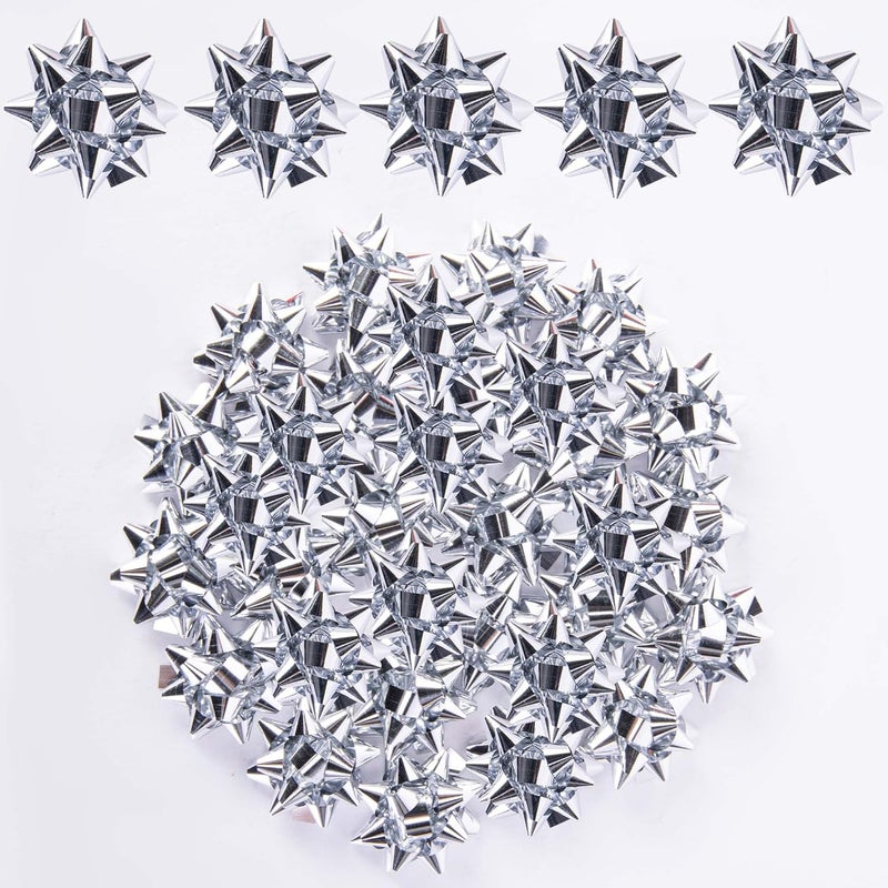 Iceyyyy 100 Pcs Mini Bows-1 Inch Silver Metallic Star Gift Bows-Tiny Adhesive Present Bows for Christmas Holiday Party Decoration DIY Gifts Wrapping - Image 1