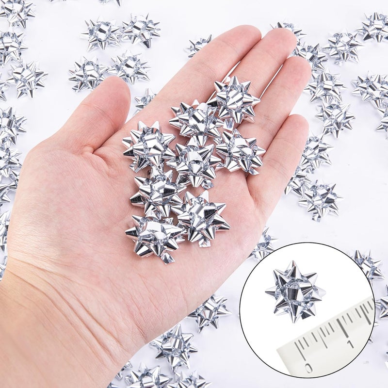 Iceyyyy 100 Pcs Mini Bows-1 Inch Silver Metallic Star Gift Bows-Tiny Adhesive Present Bows for Christmas Holiday Party Decoration DIY Gifts Wrapping - Image 2