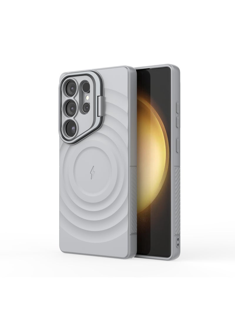 غطاء حمايه لهاتف سامسونج جلاكسي S25 الترا جراب ارمور مغناطيسي ياتي بحواف مرتفعة حول الشاشة وعدسة الكاميرا تساعد على منع الخدوش معا استاند للكاميرا - رمادي - Image 3