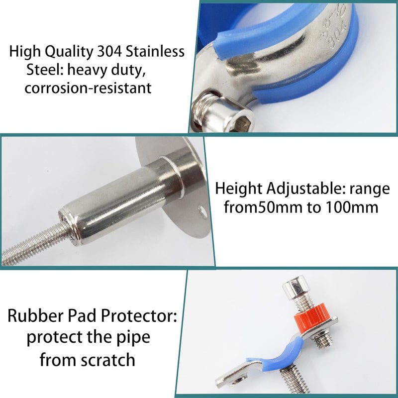 bociloy 304 Stainless Steel Wall Mount Ceiling Mount Pipe Supports, Adjustable Pipe clamp Fixed Support Pipe Strap Bracket for 15-19mm Diameter Tubes, Adjustable Height 50-100mm, 2PCS - Image 4