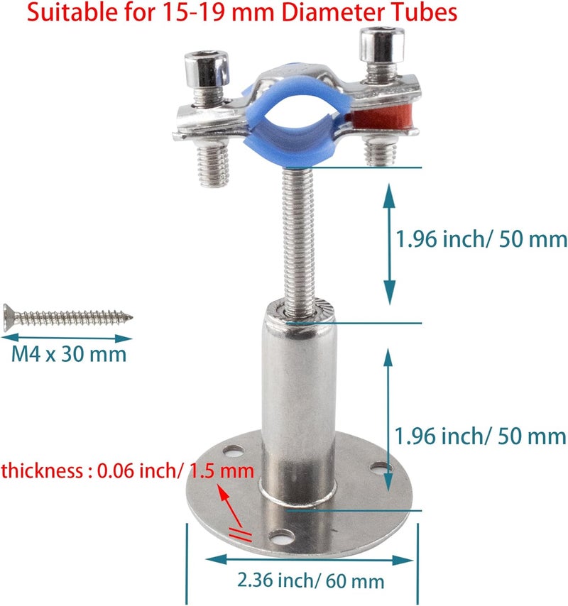 bociloy 304 Stainless Steel Wall Mount Ceiling Mount Pipe Supports, Adjustable Pipe clamp Fixed Support Pipe Strap Bracket for 15-19mm Diameter Tubes, Adjustable Height 50-100mm, 2PCS - Image 2