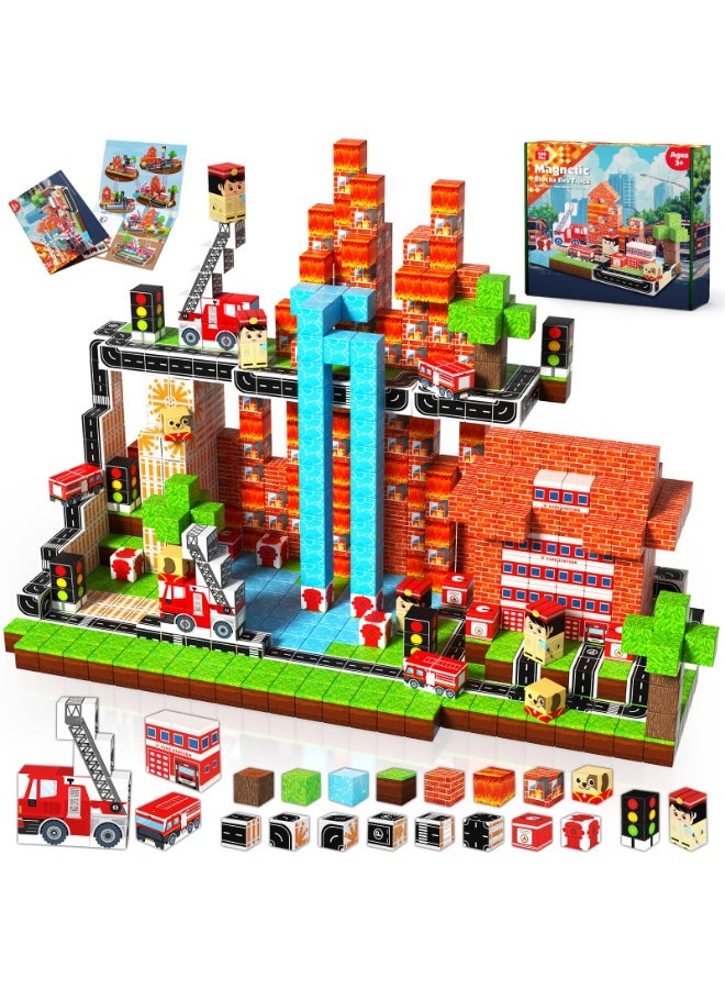 NIBEMINENT Magnetic Blocks|100PCS Fire Truck Magnetic Building Cube Game,Constructions Toys for Boys & Girls Age 3-4,5-8 9 10,STEM Montessori Stacking Toy,Sensory Tiles Building Christmas for Toddlers  - Image 1