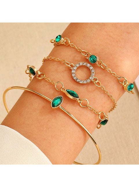 مجموعة سلاسل اليد من 4 قطع - ذهب ساحر مع بلورات أخضر - مجموعة سلاسل اليد المتعددة الطبقات من الجوهر الأخضر الملون