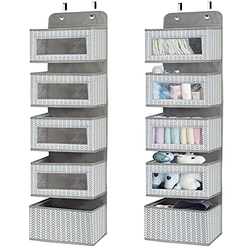 VERONLY Over The Door Hanging Organizer with 5 Large Pockets - Wall Mount Pantry Storage with Clear PVC Window & 2 Big Metal Hooks for Closet,Bathroom,Nursery,Bedroom,Dorm,Baby Diapers,Kids Toys (Gray) - Image 2