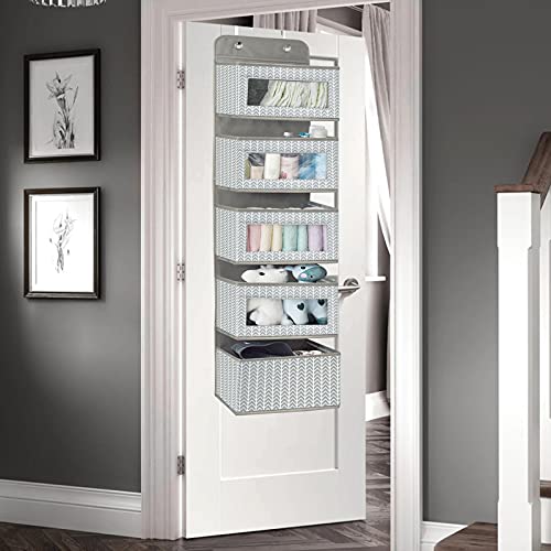 VERONLY Over The Door Hanging Organizer with 5 Large Pockets - Wall Mount Pantry Storage with Clear PVC Window & 2 Big Metal Hooks for Closet,Bathroom,Nursery,Bedroom,Dorm,Baby Diapers,Kids Toys (Gray) - Image 3
