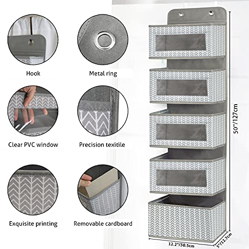 VERONLY Over The Door Hanging Organizer with 5 Large Pockets - Wall Mount Pantry Storage with Clear PVC Window & 2 Big Metal Hooks for Closet,Bathroom,Nursery,Bedroom,Dorm,Baby Diapers,Kids Toys (Gray) - Image 4