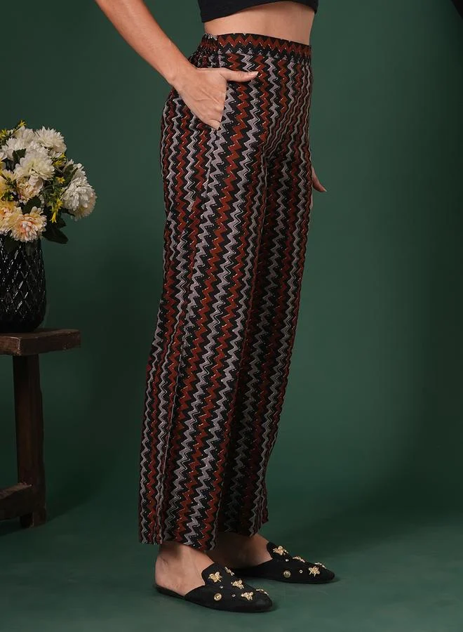 globus Black Cotton Chevron Print Straight Fit Trousers
