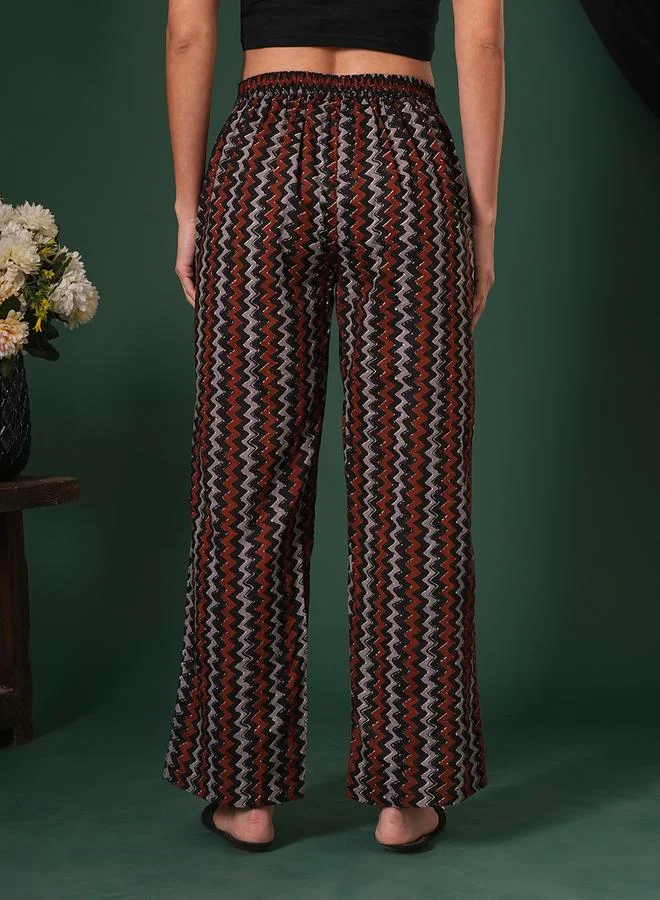 globus Black Cotton Chevron Print Straight Fit Trousers