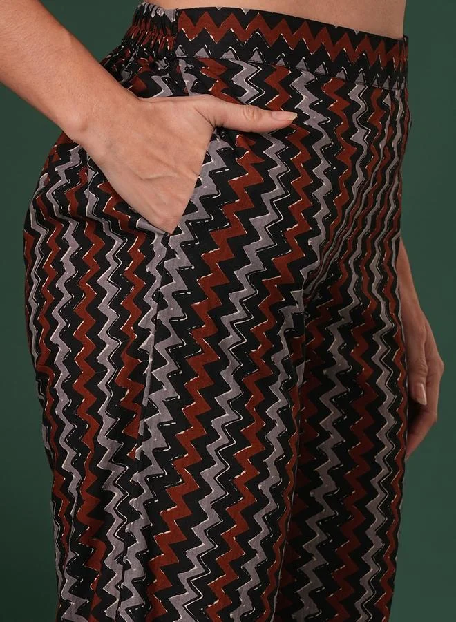 globus Black Cotton Chevron Print Straight Fit Trousers