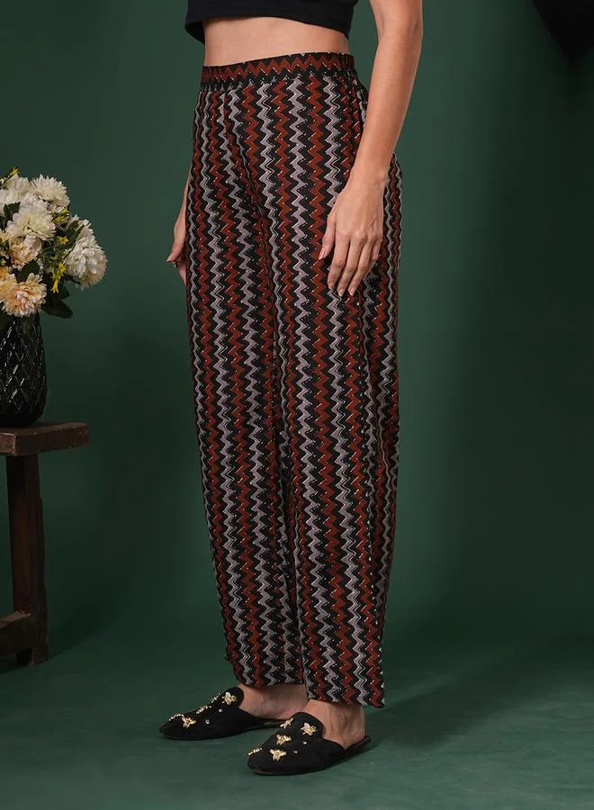 globus Black Cotton Chevron Print Straight Fit Trousers