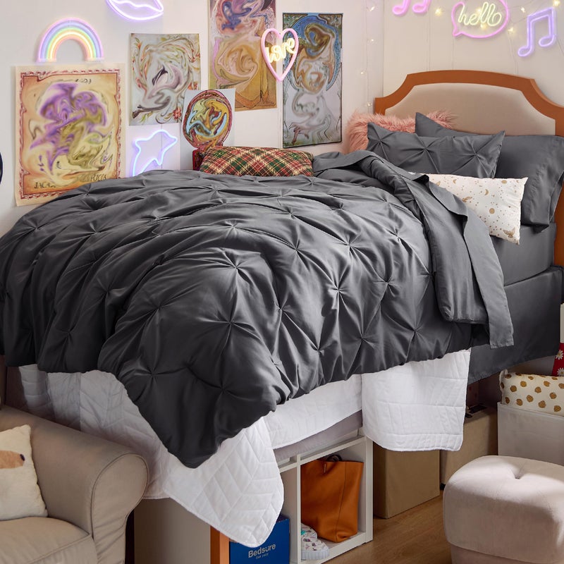Bedsure Bedsure Twin XL Comforter Set  Extra Long 5 Pieces Dorm Bedding Sets GentleSoft Pinch Pleat Dark Grey Bed in a Bag with Pintuck Comforter Sheets Pillowcase  Sham 