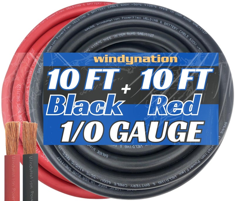 WNI 10 Gauge 10 Feet Black 10 Feet Red 10 AWG Ultra Flexible Welding Battery Copper Cable Wire  Made in The USA  Car Inverter RV Solar