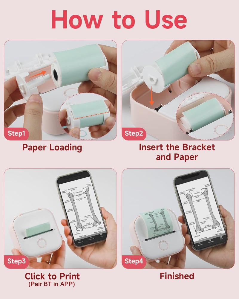 Memoking Mini Sticker Printer - T02 Mini Thermal Printer Wireless Inkless Label Maker Portable Sticker Maker for Student Birthday Gift, Compatible with iOS & Android, Pink - Image 5