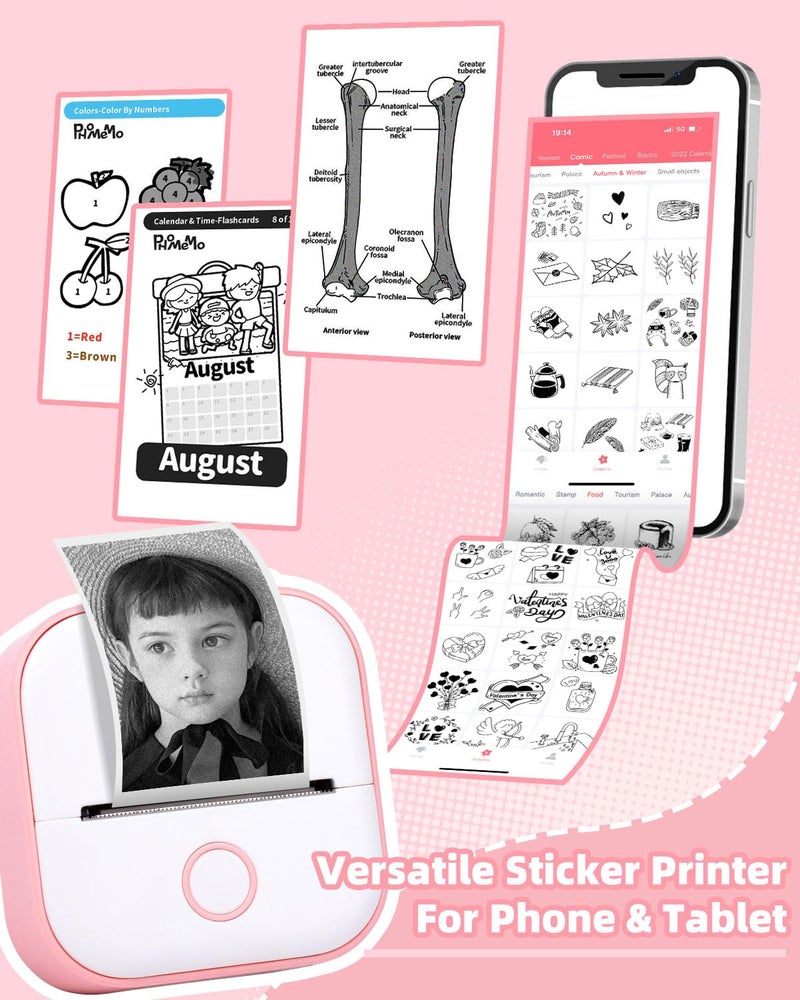 Memoking Mini Sticker Printer - T02 Mini Thermal Printer Wireless Inkless Label Maker Portable Sticker Maker for Student Birthday Gift, Compatible with iOS & Android, Pink - Image 4