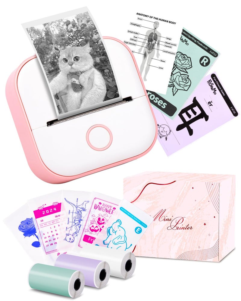 Memoking Mini Sticker Printer - T02 Mini Thermal Printer Wireless Inkless Label Maker Portable Sticker Maker for Student Birthday Gift, Compatible with iOS & Android, Pink - Image 1