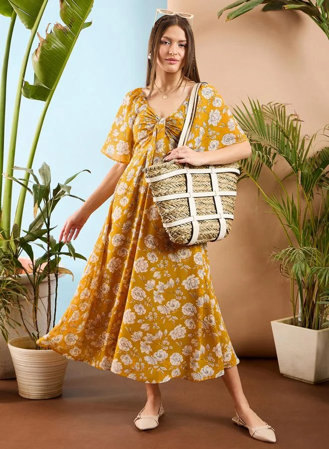 Sassafras Mustard Floral A-Line Midi Dress with Short Sleeves