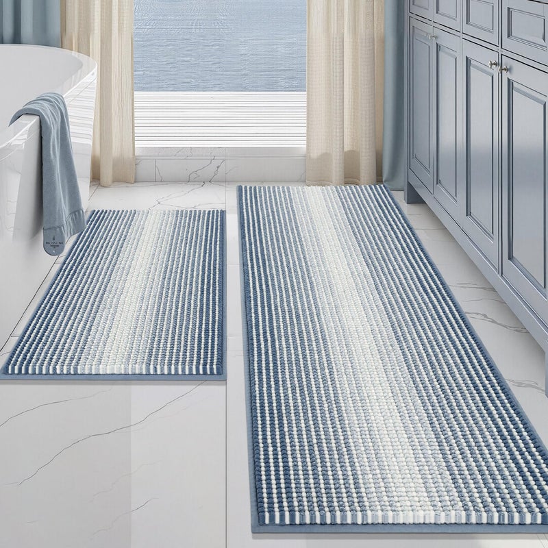 BSICPRO Bathroom Rugs and Mats Sets, 2 Piece Thick Absorbent Chenille Bath Mat Rug Set Non Slip, Soft Shaggy Bath Room Floor Mats for Bathroom, Machine Washable (Fog Blue, 20" x 60" Plus 20" x 32") - Image 1