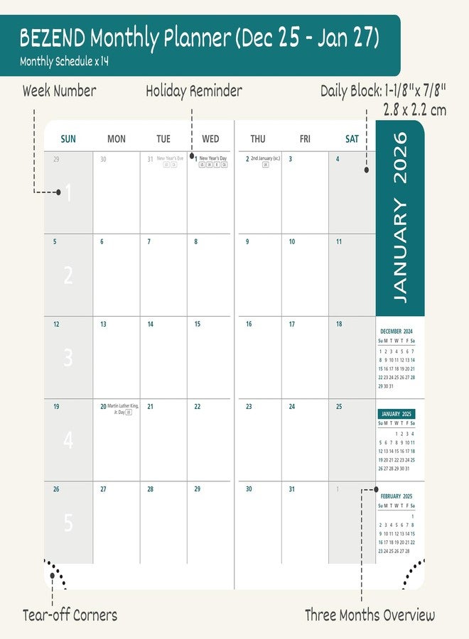 BEZEND Pocket Monthly Planner 2026 for Purse (3.5" x 6.5") 14-Months Super Thin Calendar Book (Dec 25 - Jan 27), Slim Palm Size with Gilded Paper Edge & PU Leather Softcover in Evergreen - Image 3