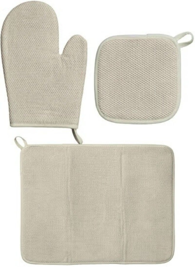 فالمر مجموعة من 3 قطع من مفرش تجفيف الأطباق فائق الامتصاص 50*40 سم مع قفاز فرن من القطن بنسبة 100% مقاومة للحرارة مع وساده تجفيف أطباق فائقة الامتصاص - بيج - Image 1