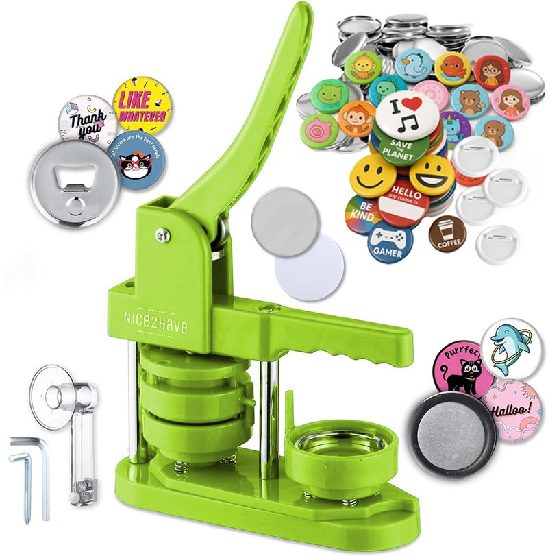 nice2have Button Maker Machine â€“ 2.25 Inch (58mm) â€“ Single Mold, Pin Maker Machine Kit with 100 Buttons, 5 Fridge Magnets, 5 Bottle Openers, Cutters, and 500+ Button Designs for DIY Crafts, Green - Image 1
