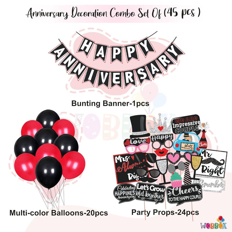 Wobbox Anniversary Party Props Red Gliter & Black Happy Anniversary Bunting Banner & Balloon, Anniversary Party Decoration (46 Pcs Combo) - Image 2