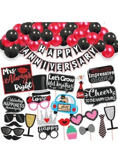 WOBBOX Wobbox Anniversary Party Props Red Gliter & Black Happy Anniversary Bunting Banner & Balloon, Anniversary Party Decoration (46 Pcs Combo)  - Image 1