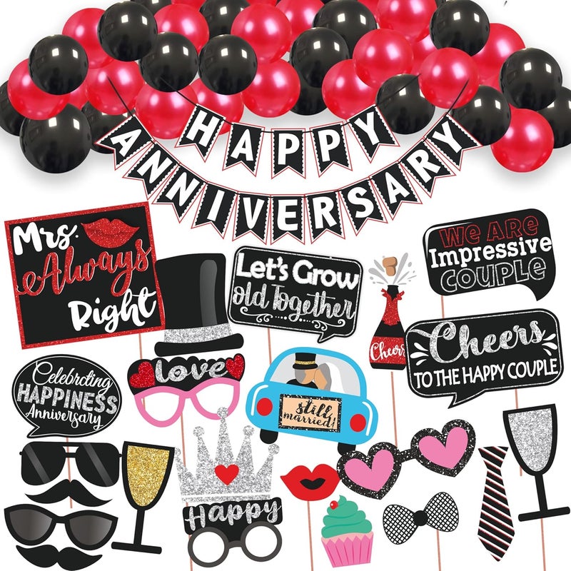 Wobbox Anniversary Party Props Red Gliter & Black Happy Anniversary Bunting Banner & Balloon, Anniversary Party Decoration (46 Pcs Combo) - Image 1