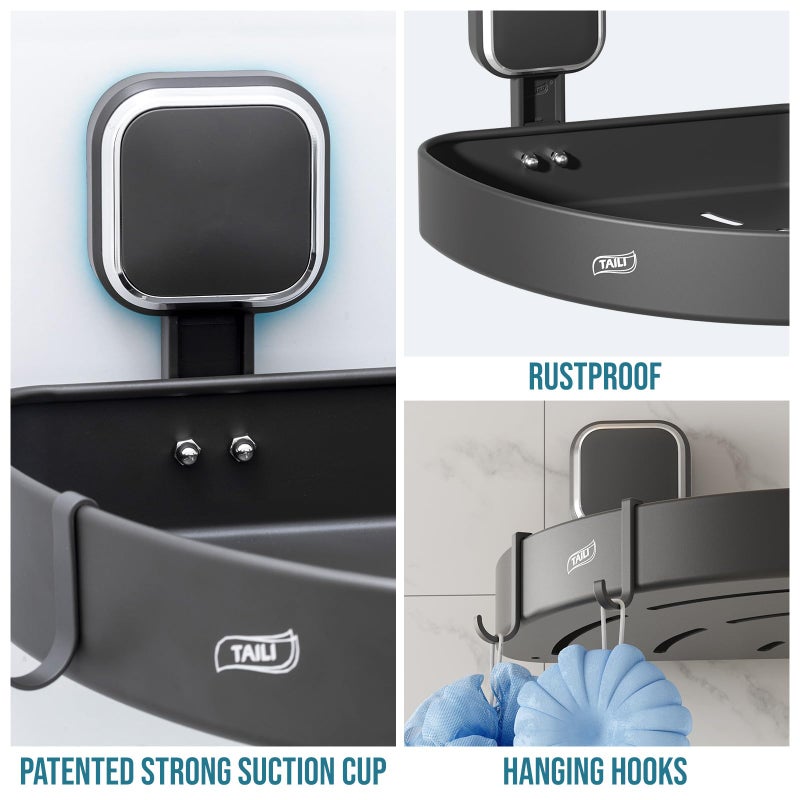 تايلي CADDY TAILI CORNER DUNDER مع كوب شفط مع السنانير الزاوية الألمنيوم زاوية دش رف دش سلة الجدار رف منظم للشامبو لا حفر الصدأ رف الصدأ للمطبخ والحمام - Image 4