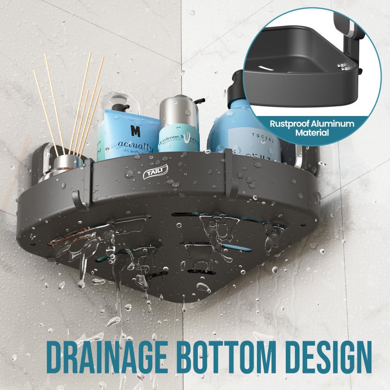 تايلي CADDY TAILI CORNER DUNDER مع كوب شفط مع السنانير الزاوية الألمنيوم زاوية دش رف دش سلة الجدار رف منظم للشامبو لا حفر الصدأ رف الصدأ للمطبخ والحمام - Image 3