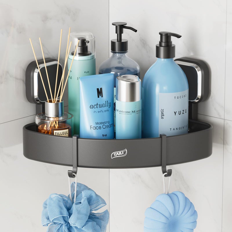 تايلي CADDY TAILI CORNER DUNDER مع كوب شفط مع السنانير الزاوية الألمنيوم زاوية دش رف دش سلة الجدار رف منظم للشامبو لا حفر الصدأ رف الصدأ للمطبخ والحمام - Image 1