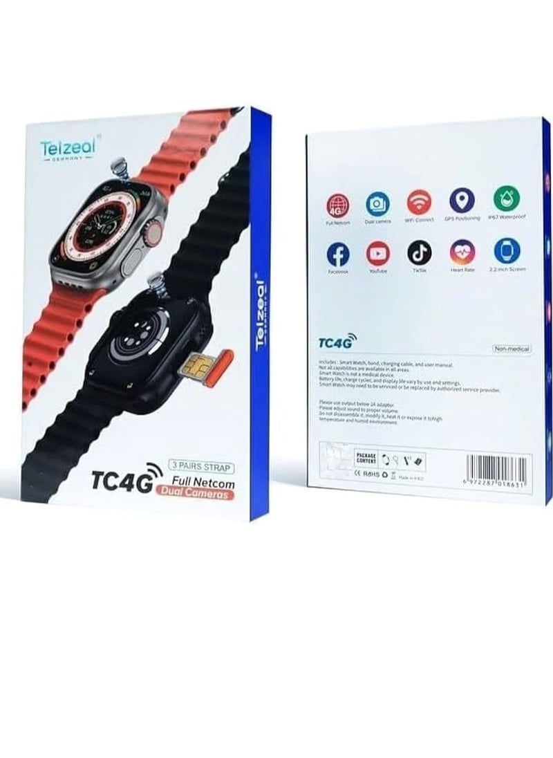 Telzeal - Smart Watch TC4G Dual Camera 2.2 inch Full Display 4G With 3 Pairs Straps Compatible With iOS and Android Men's and Women's - Image 1