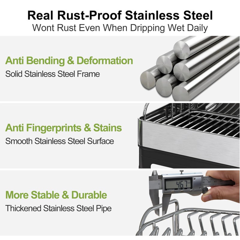 BOOSINY حامل أطباق من الفولاذ المقاوم للصدأ ذو طبقتين كبير جداً مع صينية تصريف لمطبخك، أسود وفضي عصري، معدن مقاوم للصدأ، موفر للمساحة، مجفف أطباق كبير مزدوج على السطح وصينية - Image 5
