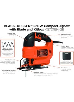 BLACK+DECKER Variable Speed Compact Jigsaw 520W Ergonomic Design Lock On Switch Dust Extraction 0° And 45° Bevel Settings Precision Cuts Lightweight Reliable Orange Ks701Ek Gb  - Image 4