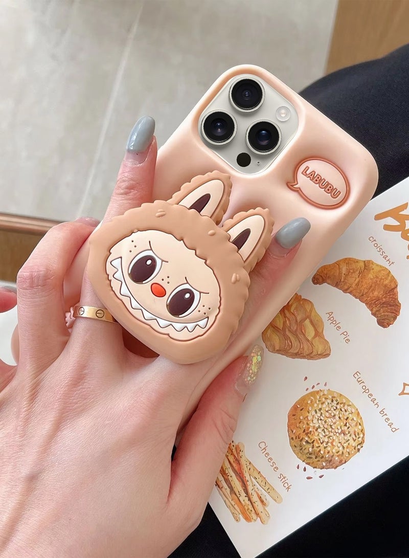 Wtech Apple iPhone 16 Pro Max 5G 2024 3D Labubu Cartoon Pop Case, Premium Soft Liquid Jelly Silicone Case with Phone Holder Cool Full Protective Cute Aesthetic Case Cover - Tan - Image 2