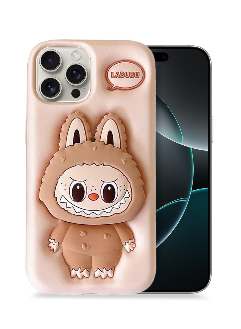 Wtech Apple iPhone 16 Pro Max 5G 2024 3D Labubu Cartoon Pop Case, Premium Soft Liquid Jelly Silicone Case with Phone Holder Cool Full Protective Cute Aesthetic Case Cover - Tan - Image 1