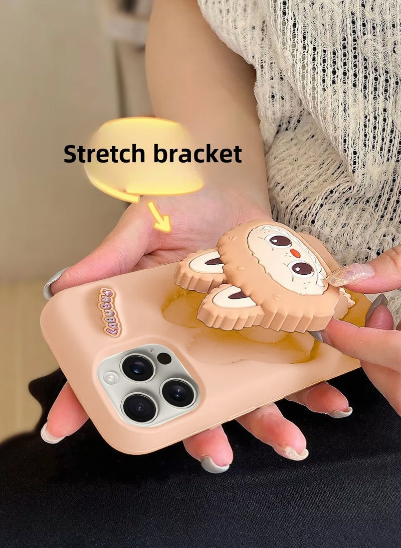 Wtech Apple iPhone 16 Pro Max 5G 2024 3D Labubu Cartoon Pop Case, Premium Soft Liquid Jelly Silicone Case with Phone Holder Cool Full Protective Cute Aesthetic Case Cover - Tan - Image 3
