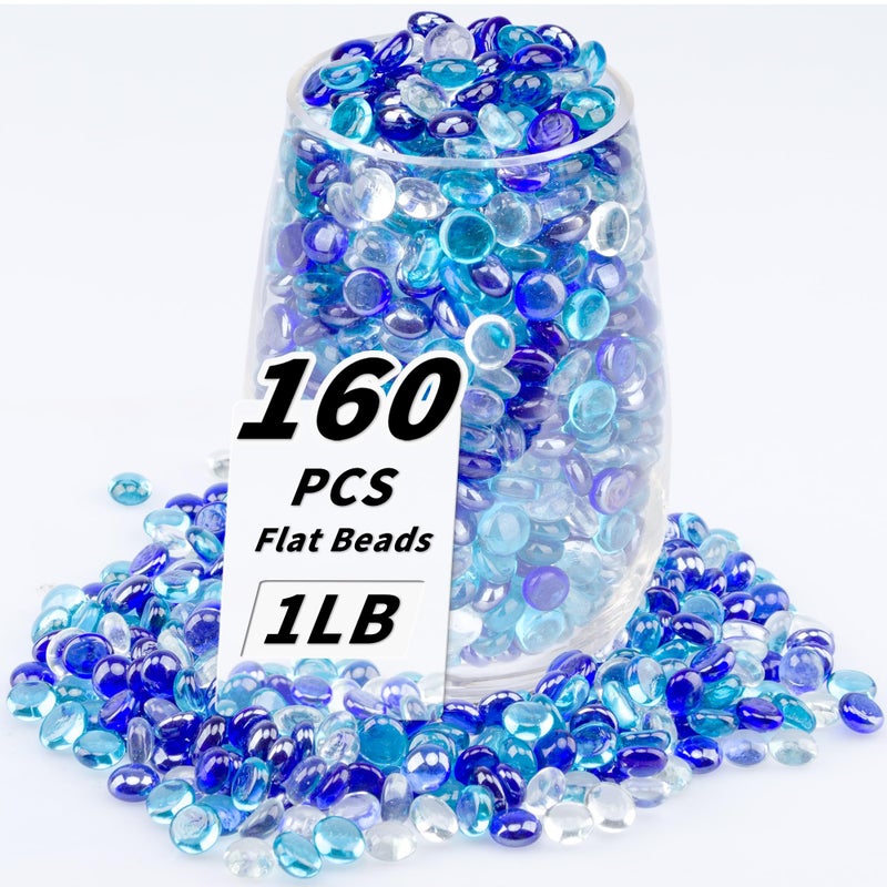 Foncomy 1 LB Mix Blue Flat Glass Beads, 160-180PCS Small Glass Marbles, Mini Flat Round Pebbles for Vase Filler and Floral, Fish Tank Rocks Decorative Gemstones for Home and Aquarium DÃ©cor - Image 1
