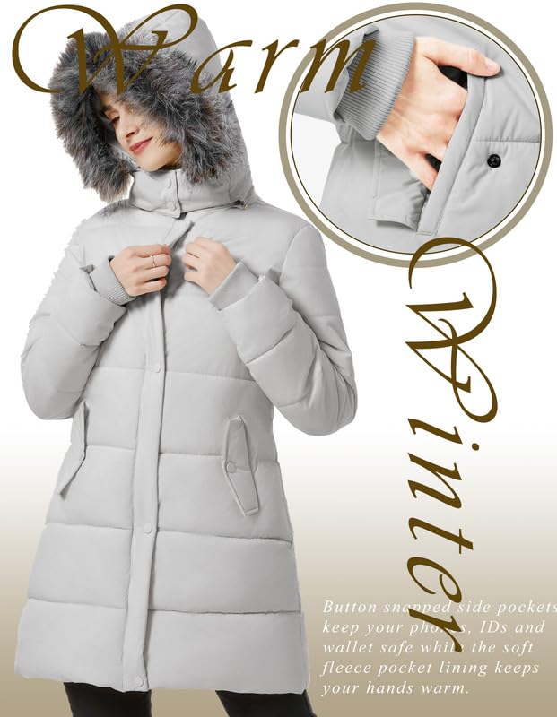 GGleaf Women's Puffer Jacket Winter Hooded Coat Down Alternative Long Parka with Faux Fur Hood Grey Small - Image 4