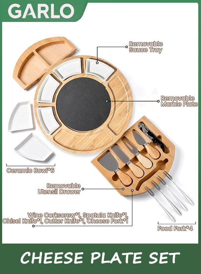 جارلو الجبن المستدير ومجموعة المجلس Charcuterie - مجلس الخيزران مع مجموعة السكين - هدية جميلة لأم - Image 5