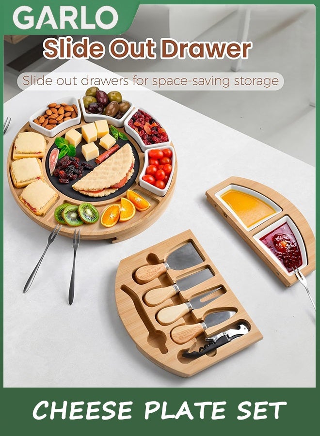 جارلو الجبن المستدير ومجموعة المجلس Charcuterie - مجلس الخيزران مع مجموعة السكين - هدية جميلة لأم - Image 3