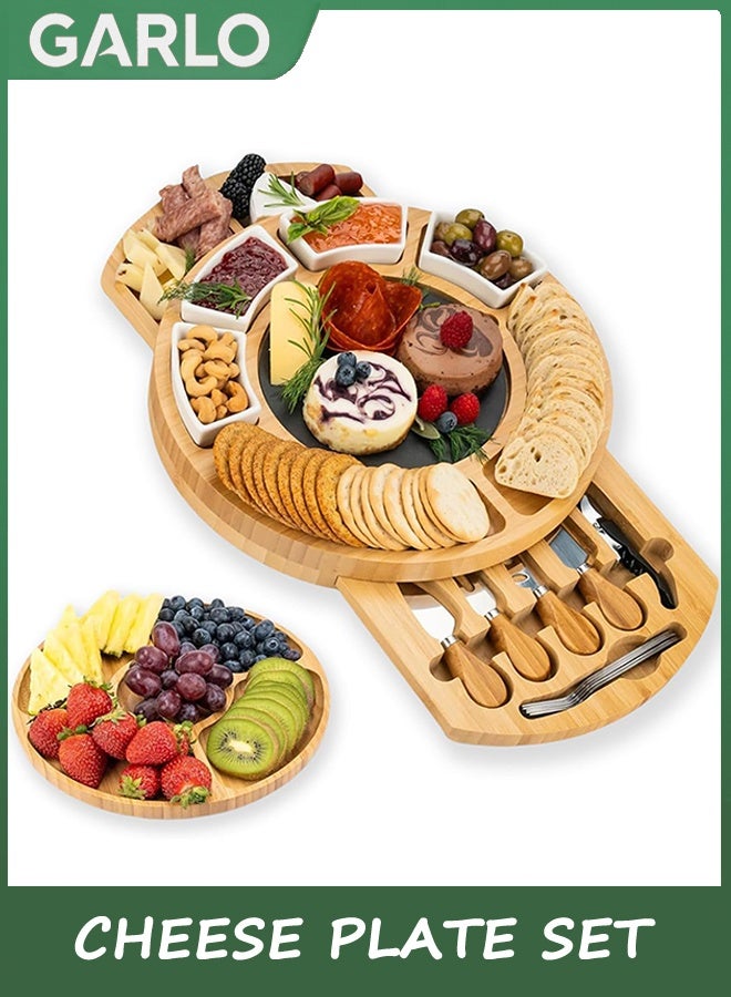 جارلو الجبن المستدير ومجموعة المجلس Charcuterie - مجلس الخيزران مع مجموعة السكين - هدية جميلة لأم - Image 1