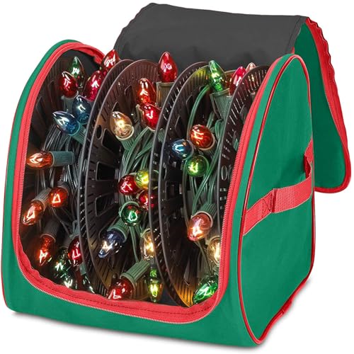 HOLDN’ STORAGE Premium Christmas Light Storage Bag – Heavy-Duty 600D Tear-Proof Material with Reinforced Handles – Includes 3 Reels, Stores up to 375 Ft of Mini Lights & Extension Cords – Green with PVC Lining - Image 1