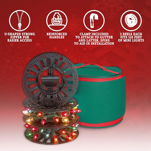 HOLDN’ STORAGE Premium Christmas Light Storage Bag – Heavy-Duty 600D Tear-Proof Material with Reinforced Handles – Includes 3 Reels, Stores up to 375 Ft of Mini Lights & Extension Cords – Green with PVC Lining - Image 2