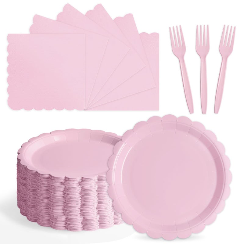 Tyzarglef 105PCS Paper Plates and Napkins Set,7 Inch Scalloped Disposable Tableware with Forks for Birthdays, Garden Parties & Outdoor Events,Serves 35 (Light Pink) - Image 1