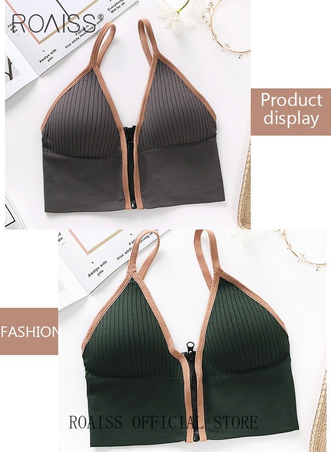 roaiss 2 Pack of Sports Knit Bra Front Zipper Sports Vest Without Steel Ring Suspenders Wrapped Chest Strap Chest Pad Morandi Color for Women  - Image 1