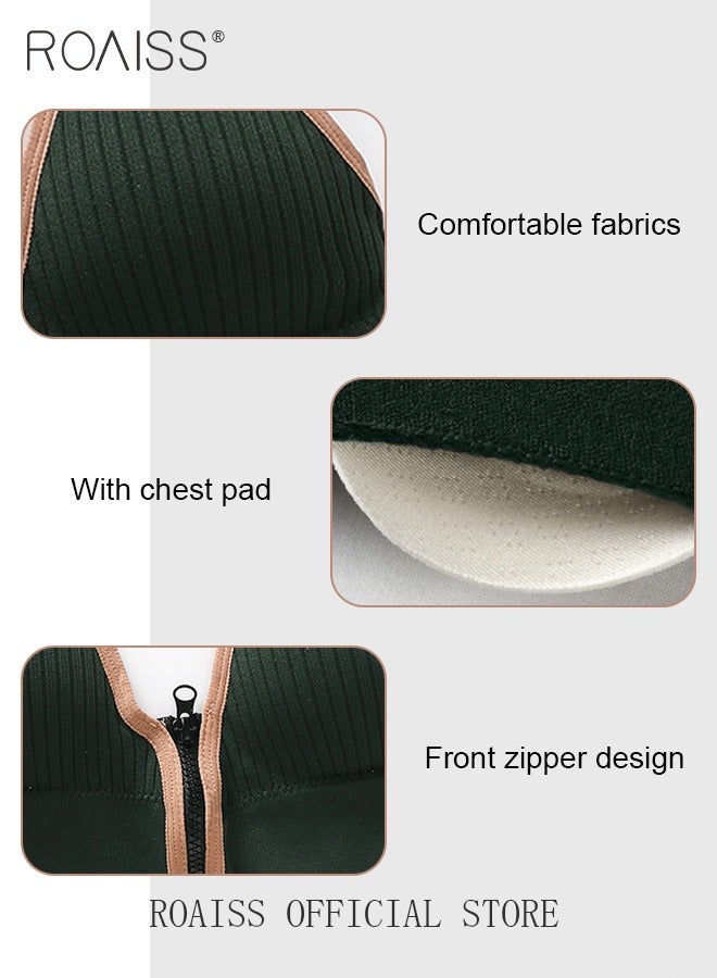 roaiss 2 Pack of Sports Knit Bra Front Zipper Sports Vest Without Steel Ring Suspenders Wrapped Chest Strap Chest Pad Morandi Color for Women  - Image 3