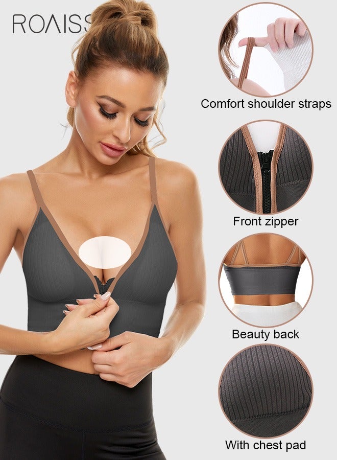 roaiss 2 Pack of Sports Knit Bra Front Zipper Sports Vest Without Steel Ring Suspenders Wrapped Chest Strap Chest Pad Morandi Color for Women  - Image 5