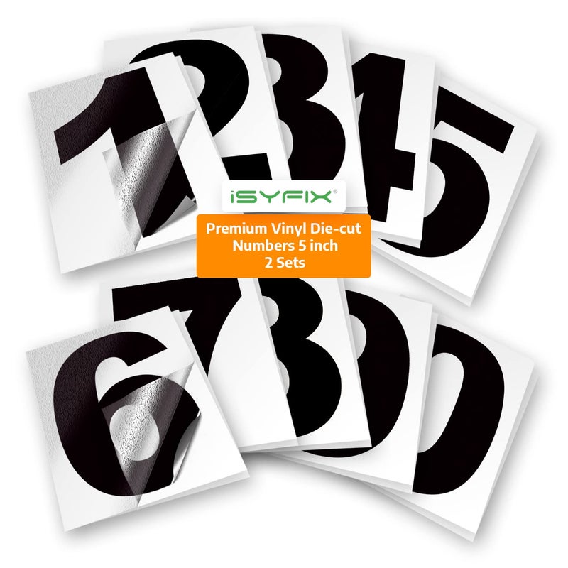 iSYFIX Black Vinyl Numbers Stickers - 5 Inch Self Adhesive 2 Sets - Premium Decal Die Cut and Pre-Spaced for Mailbox, Signs, Window, Door, Cars, Trucks, Home, Business, Address Number, Indoor/Outdoor - Image 1